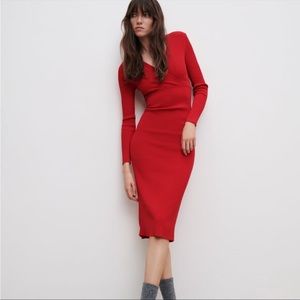 RED KNIT MIDI DRESS ZARA.